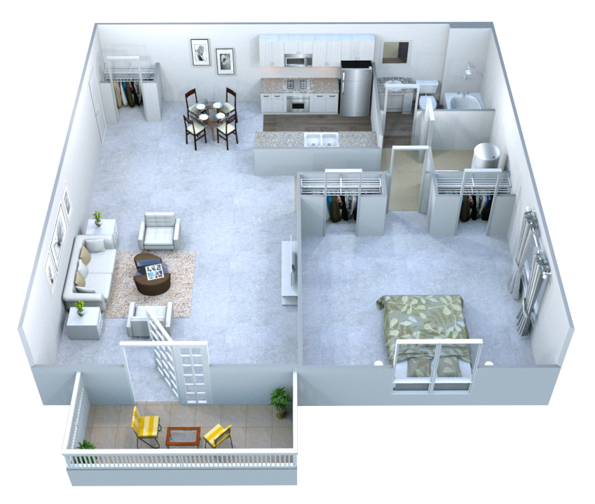 Floor plan for 1 bed, 1 bath, 855 sqft
